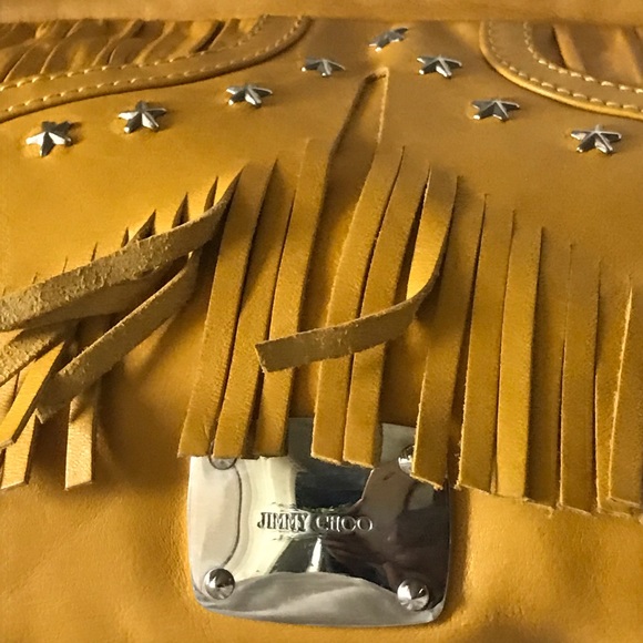 JIMMY CHOO INA NAPPA FRINGED MUSTARD YELLOW LEATHER CLUTCH (AUTHENTIC) - Picture 8 of 12